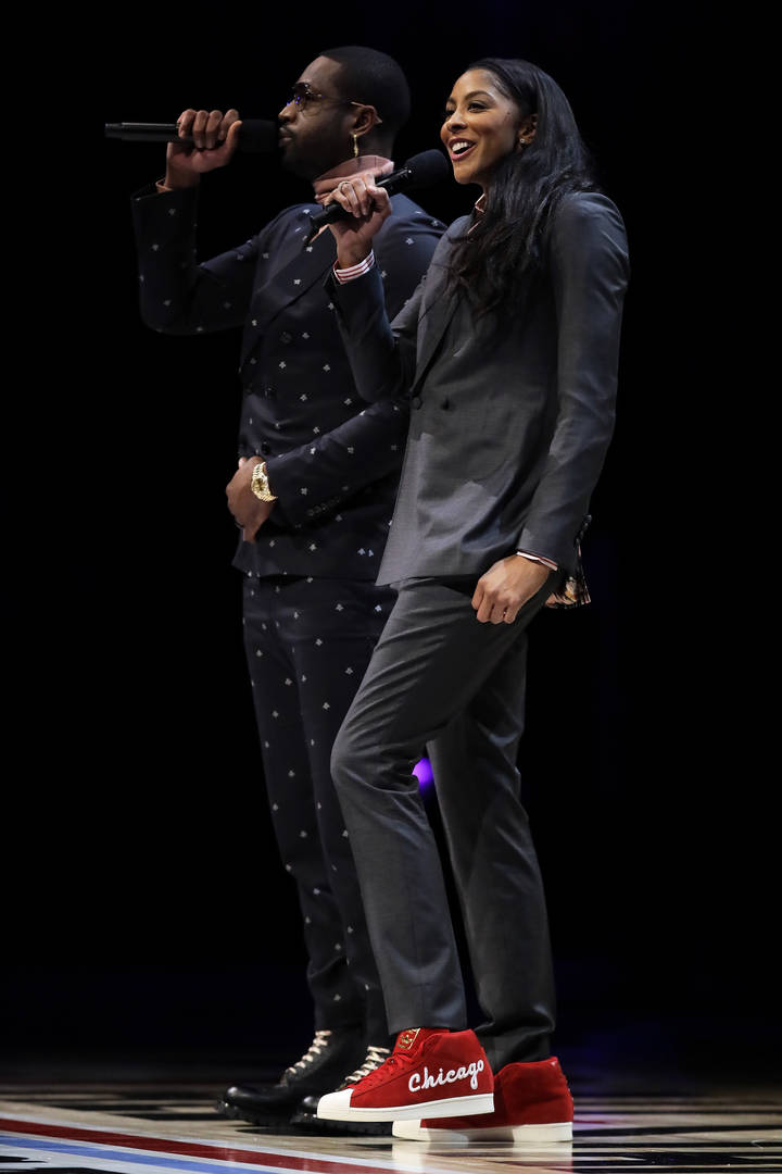 Dwyane Wade (L) and Candace Parker address the crowd before the 2020 NBA All-Star - Taco Bell Skills Challenge during State Farm All-Star Saturday Night at the United Center on February 15, 2020 in Chicago, Illinois.