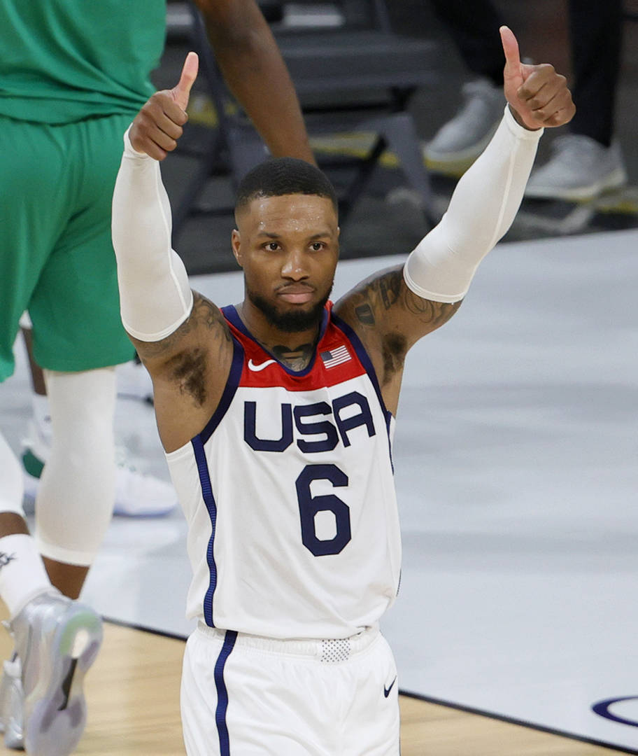 Damian Lillard #6 of the United States asks for a jump ball call during an exhibition game against Nigeria at Michelob ULTRA Arena ahead of the Tokyo Olympic Games on July 10, 2021 in Las Vegas, Nevada. Nigeria defeated the United States 90-87.