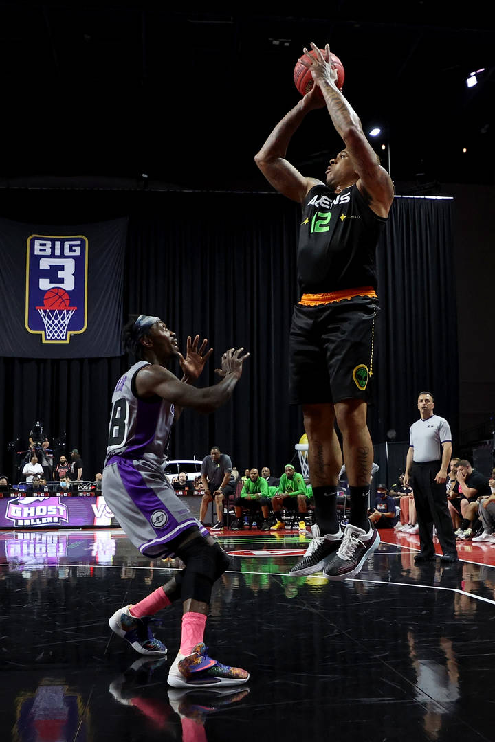 Shannon Brown #12 of the Aliens attempts a shot while being guarded by Mike Taylor #88 of the Ghost Ballers during BIG3 - Week One at the Orleans Arena on July 10, 2021 in Las Vegas, Nevada.