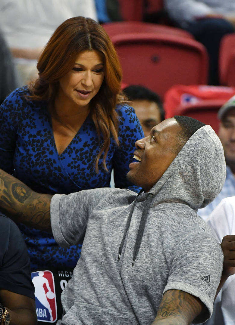 ESPN host Rachel Nichols talks with Damian Lillard of the Portland Trail Blazers as he attends a game between the Detroit Pistons and the Trail Blazers during the 2019 NBA Summer League at the Thomas & Mack Center on July 6, 2019 in Las Vegas, Nevada
