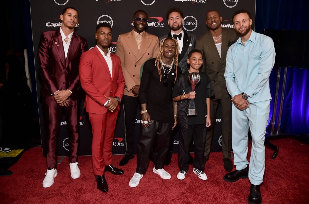 Juan Toscano-Anderson, John Boyega, Draymond Green, Lil Wayne, Klay Thompson, Kameron Carter, Andre Iguodala, and Stephen Curry attend the 2022 ESPYs at Dolby Theatre on July 20, 2022 in Hollywood, California.